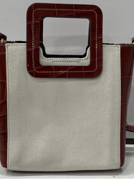 Staud Cream Canvas Mini Tote With Brown Croc-Embossed Square Handle